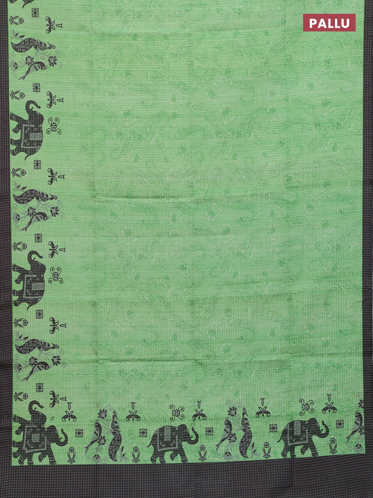 Chappa saree light green and black with allover zari checked pattern and printed pallu - Image 3