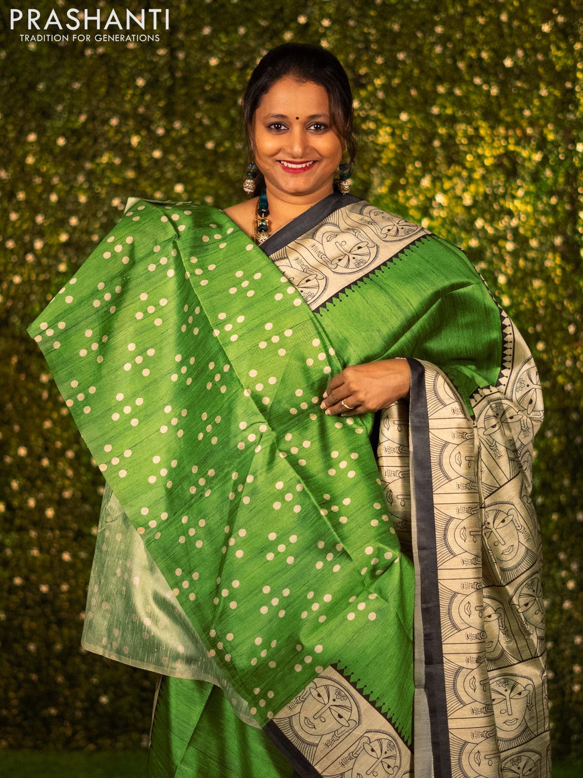 Chappa saree light green and cream with plain body and madhubani printed border - Image 3