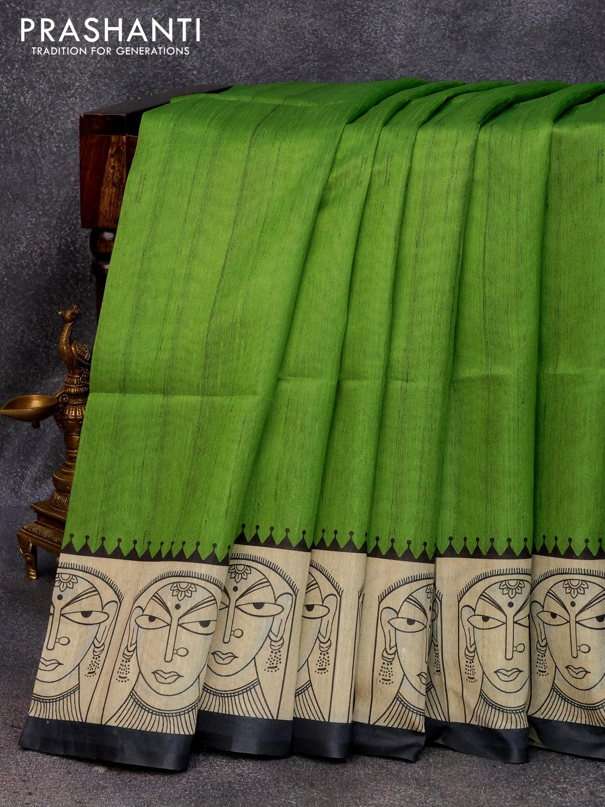 Chappa saree light green and cream with plain body and madhubani printed border - Image 4