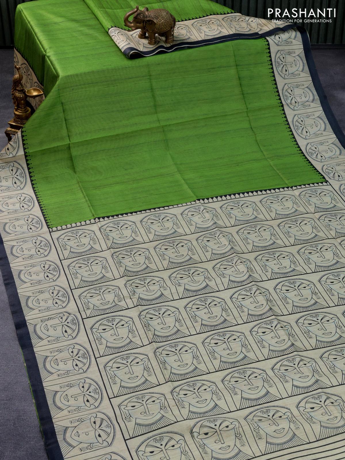 Chappa saree light green and cream with plain body and madhubani printed border - Image 5
