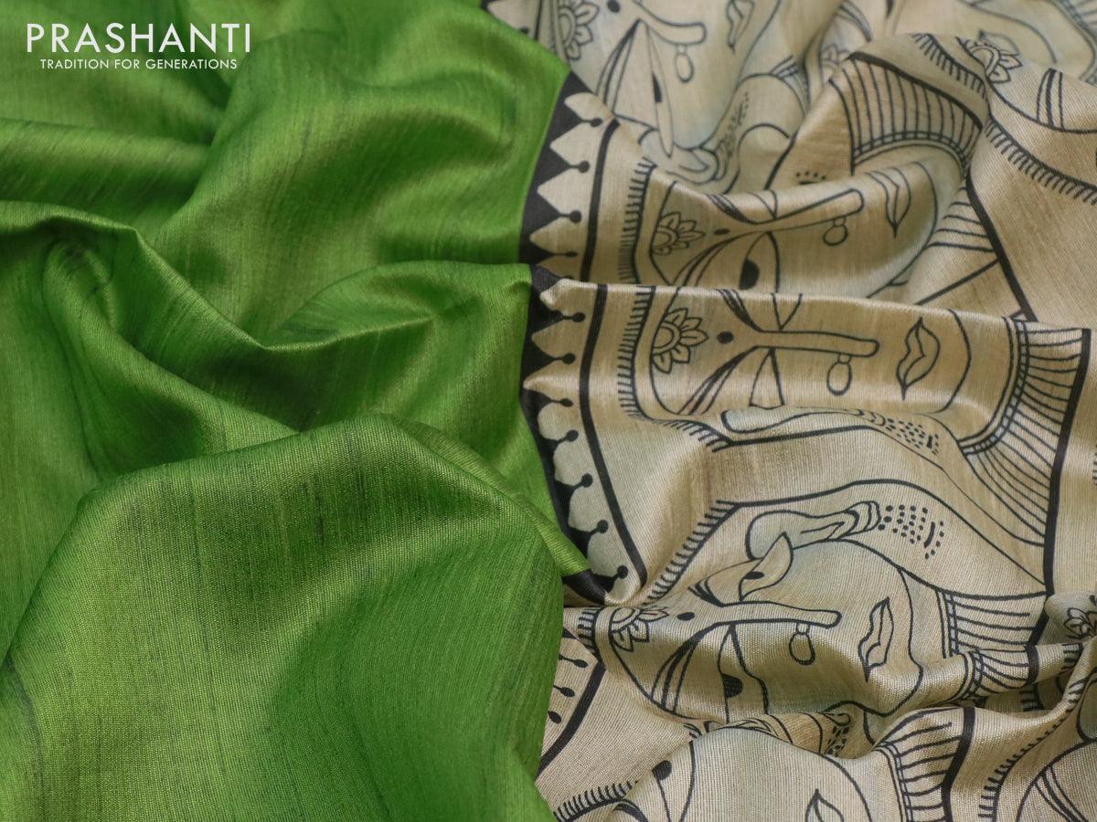 Chappa saree light green and cream with plain body and madhubani printed border - Image 6