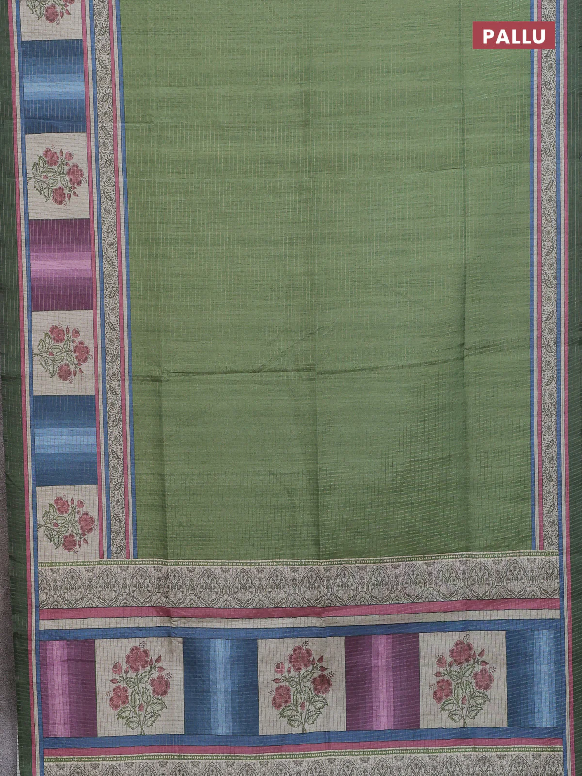 Chappa saree light green and sap green with allover zari checked pattern and printed pallu - Image 3