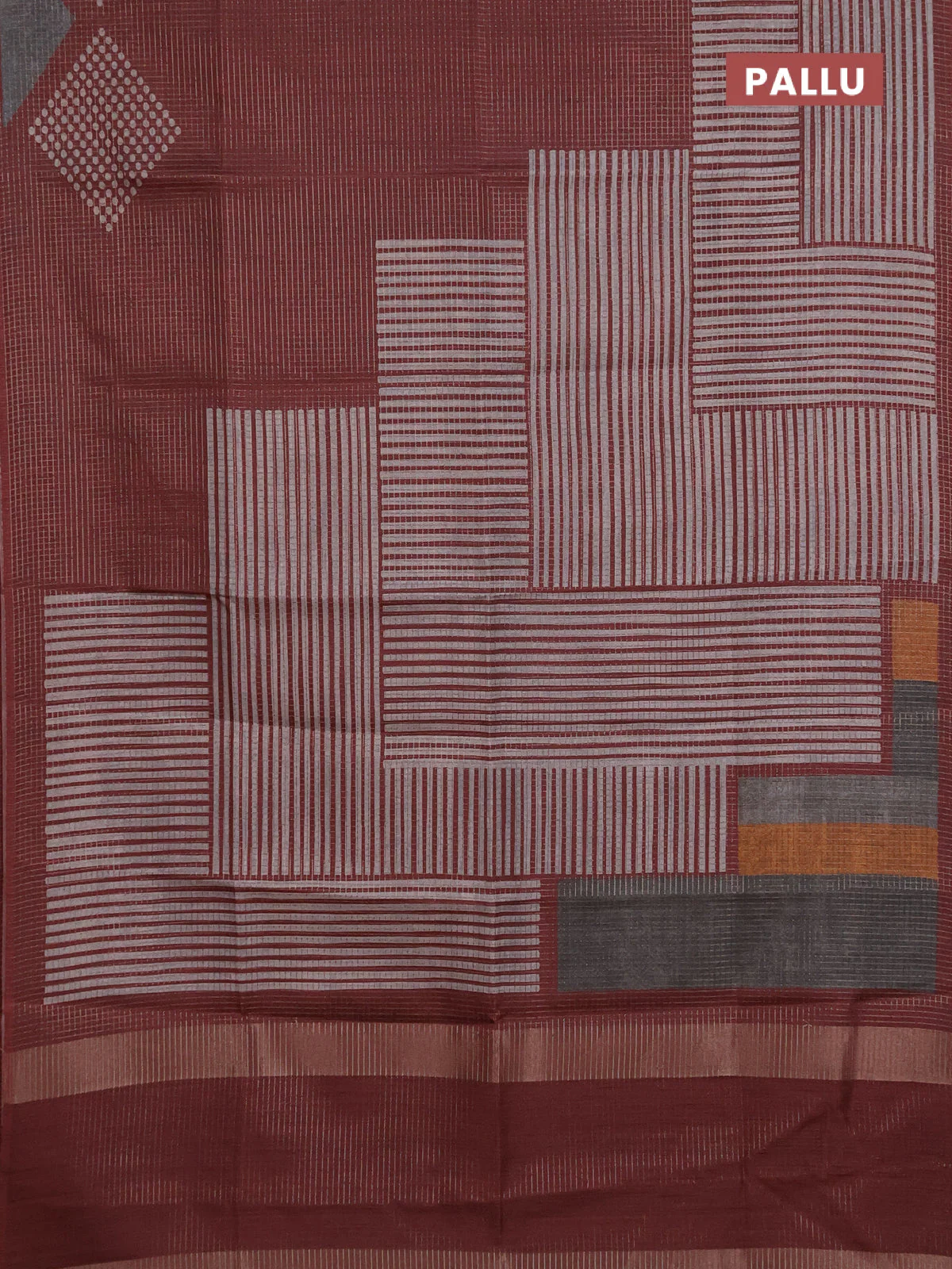 Chappa saree maroon and grey with allover small zari checked pattern and printed border - Image 3