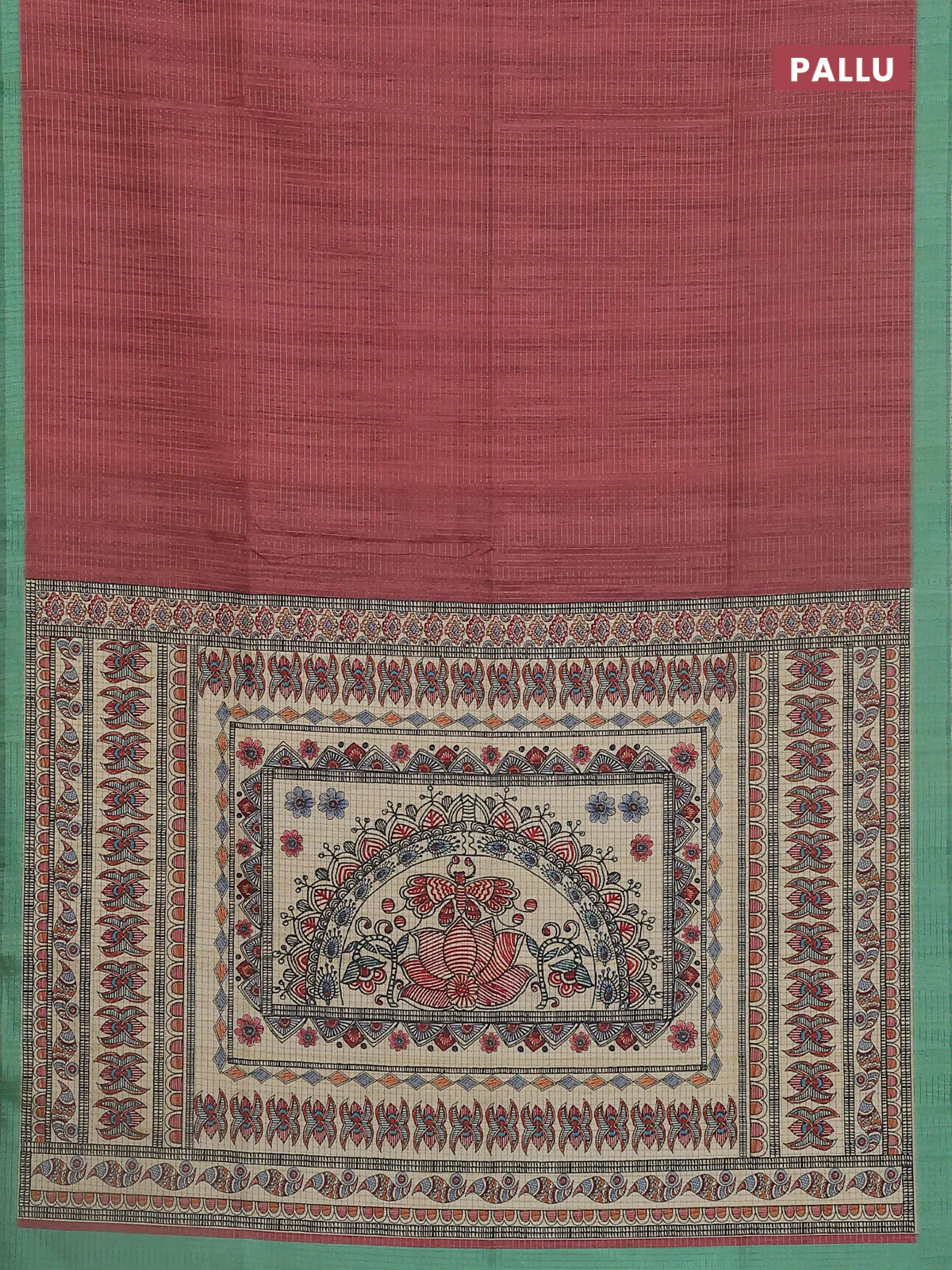 Chappa saree maroon and teal green with allover zari checked pattern and madhubani printed pallu - Image 3