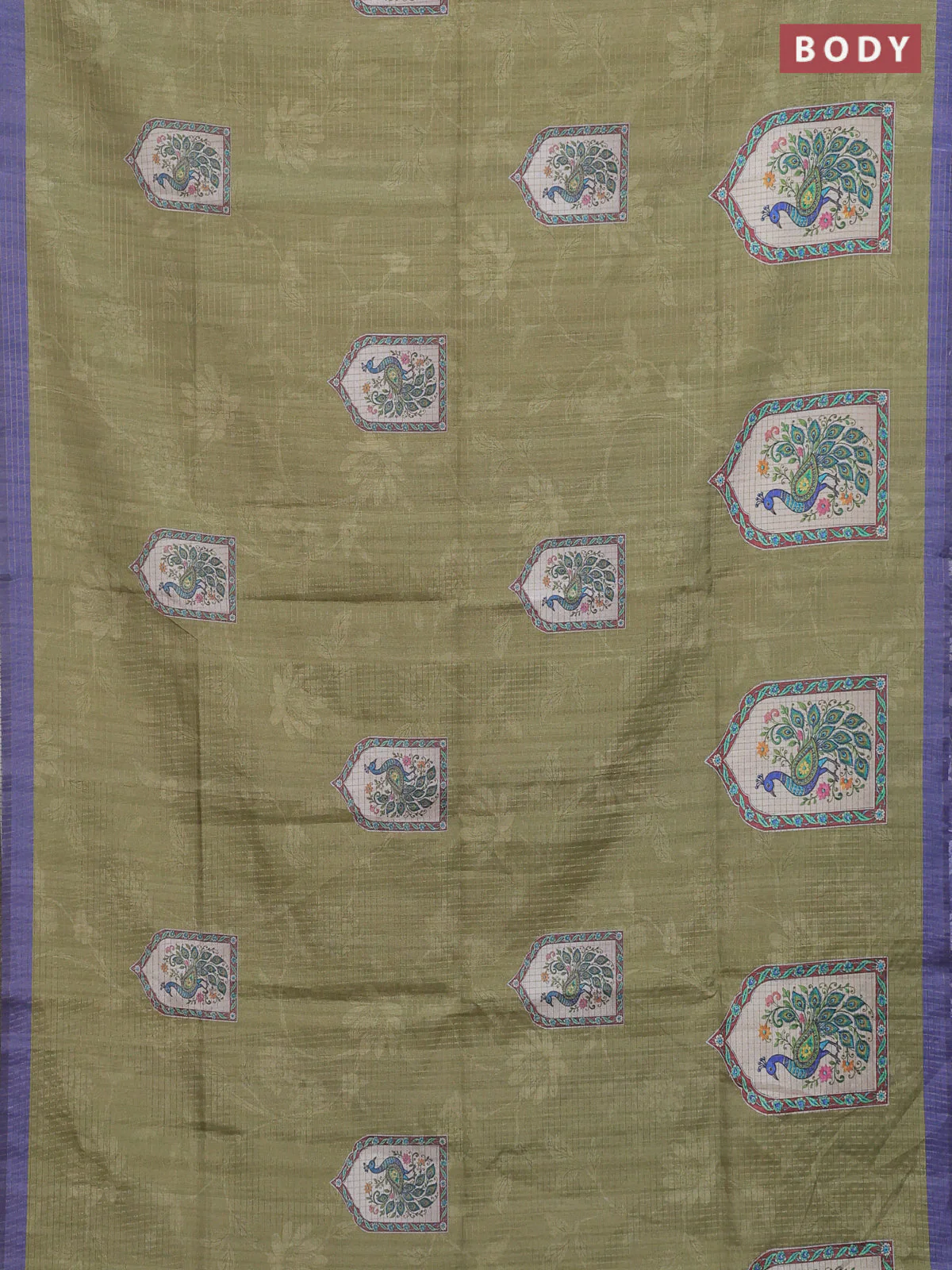 Chappa saree mehendi green and lavender with allover zari checked pattern & digital prints and printed pallu - Image 2