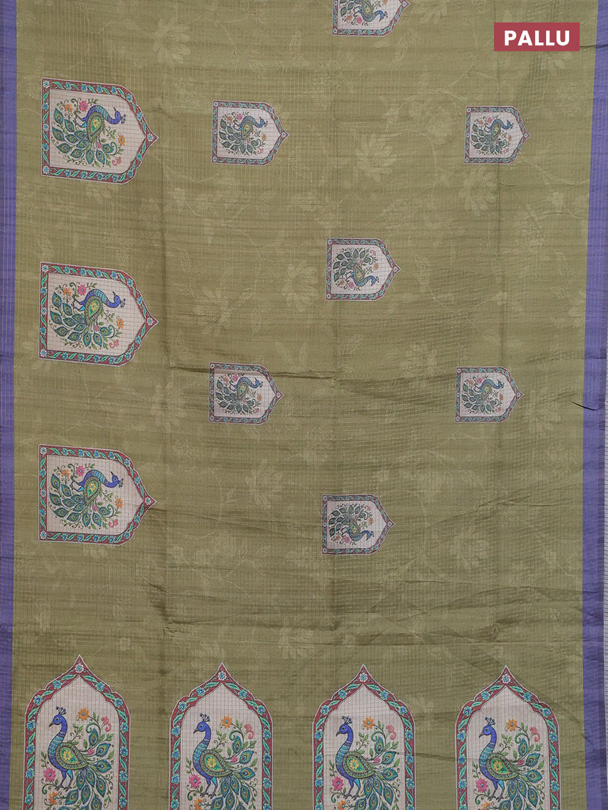 Chappa saree mehendi green and lavender with allover zari checked pattern & digital prints and printed pallu - Image 3