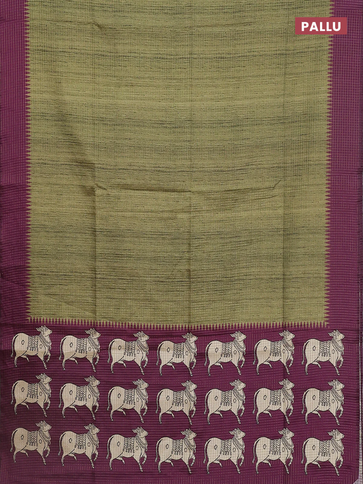 Chappa saree mehendi green and purple with allover zari checked pattern and printed pallu - Image 3