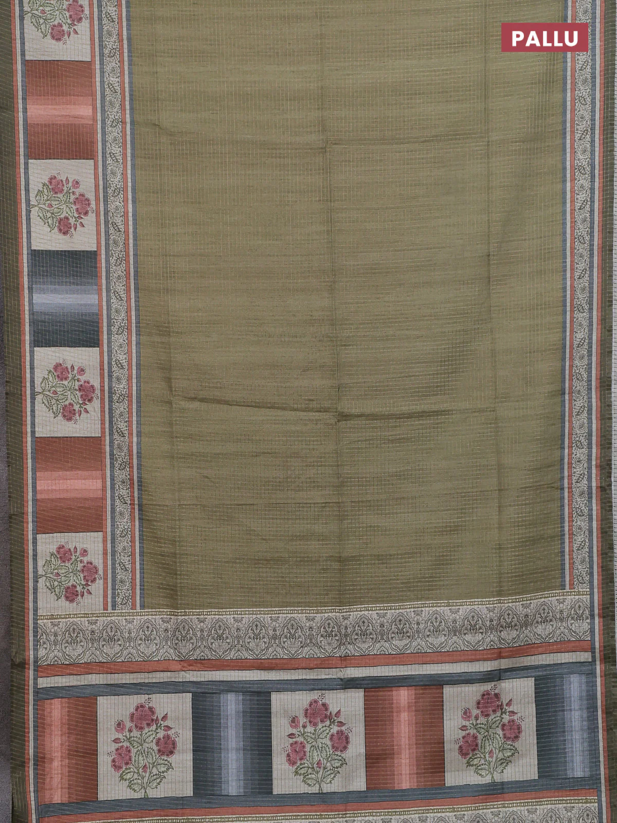 Chappa saree mehendi green with allover zari checked pattern and printed pallu - Image 3