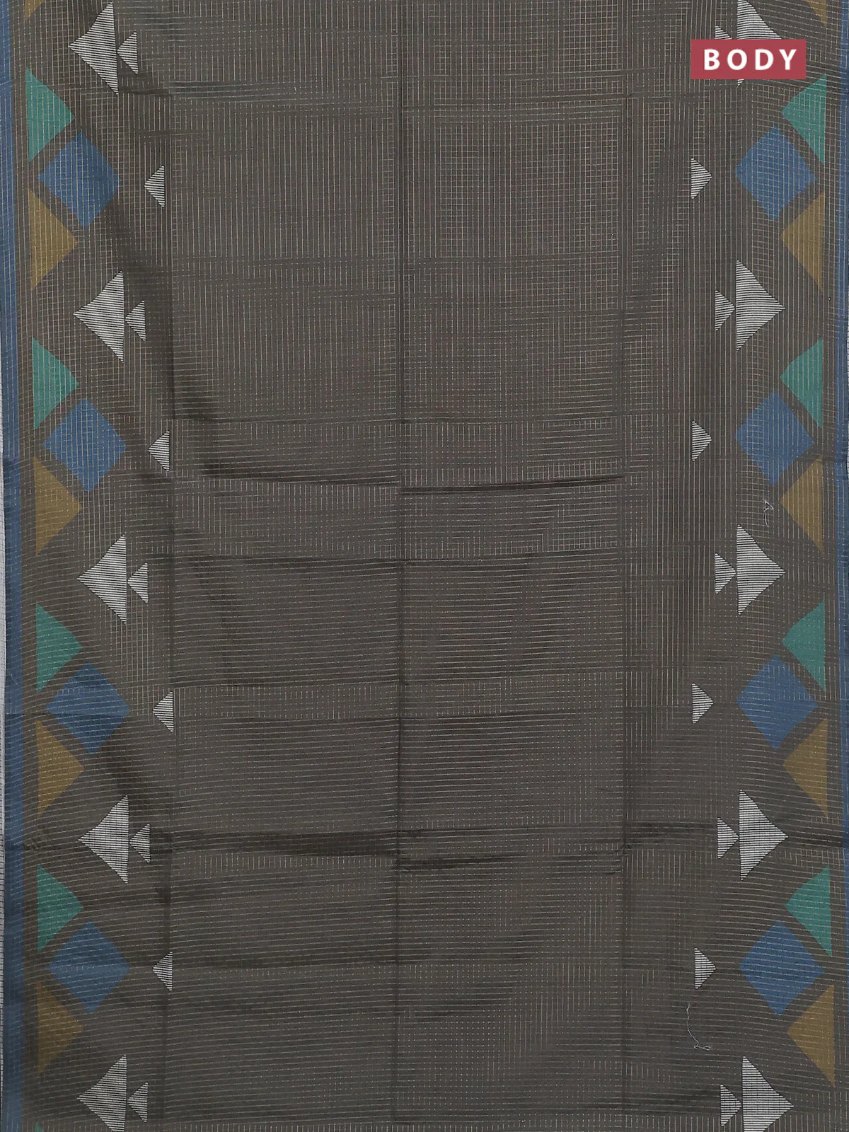 Chappa saree military green and peacock blue with allover zari checked pattern and long geometric printed border - Image 2