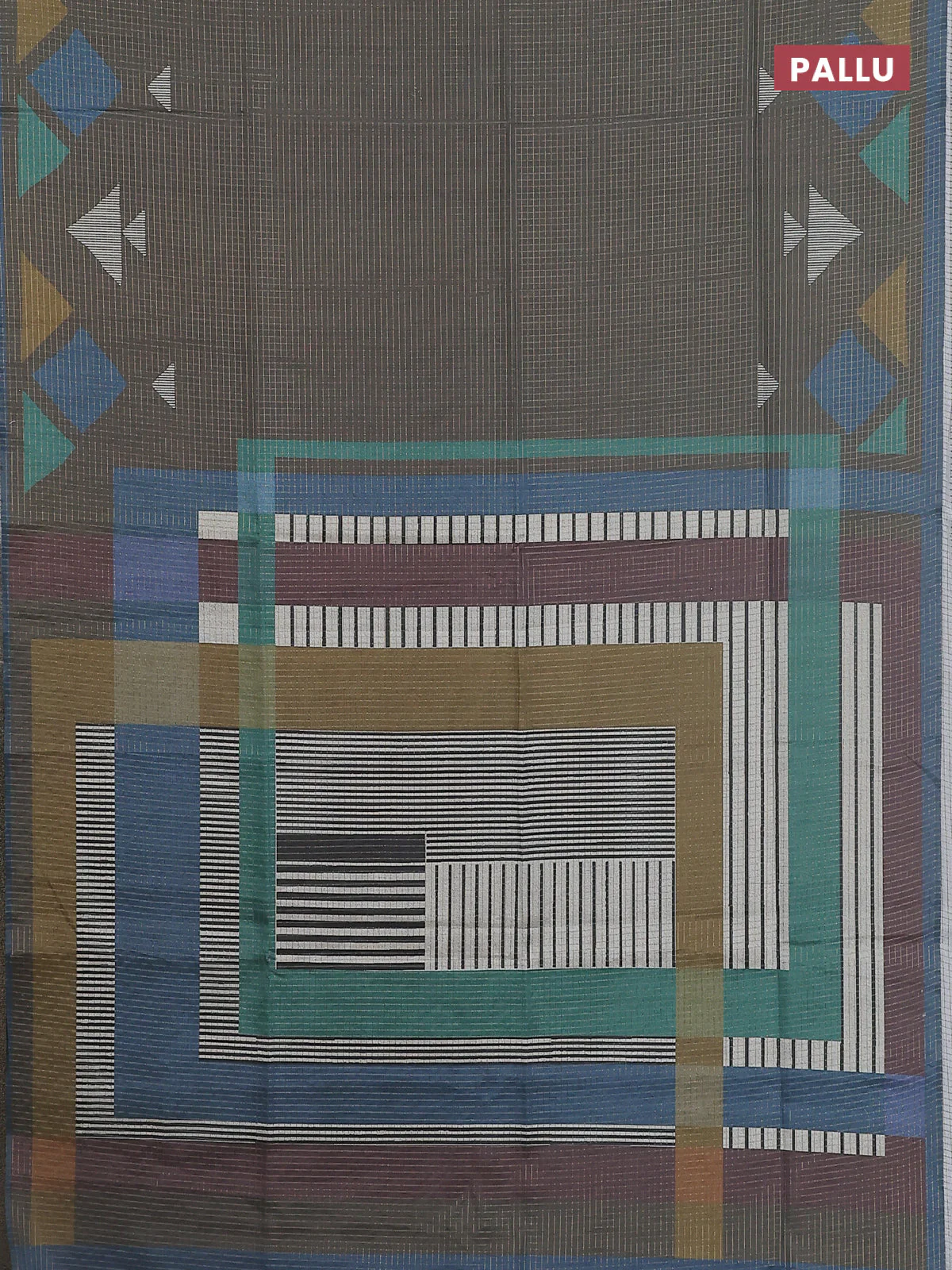 Chappa saree military green and peacock blue with allover zari checked pattern and long geometric printed border - Image 3