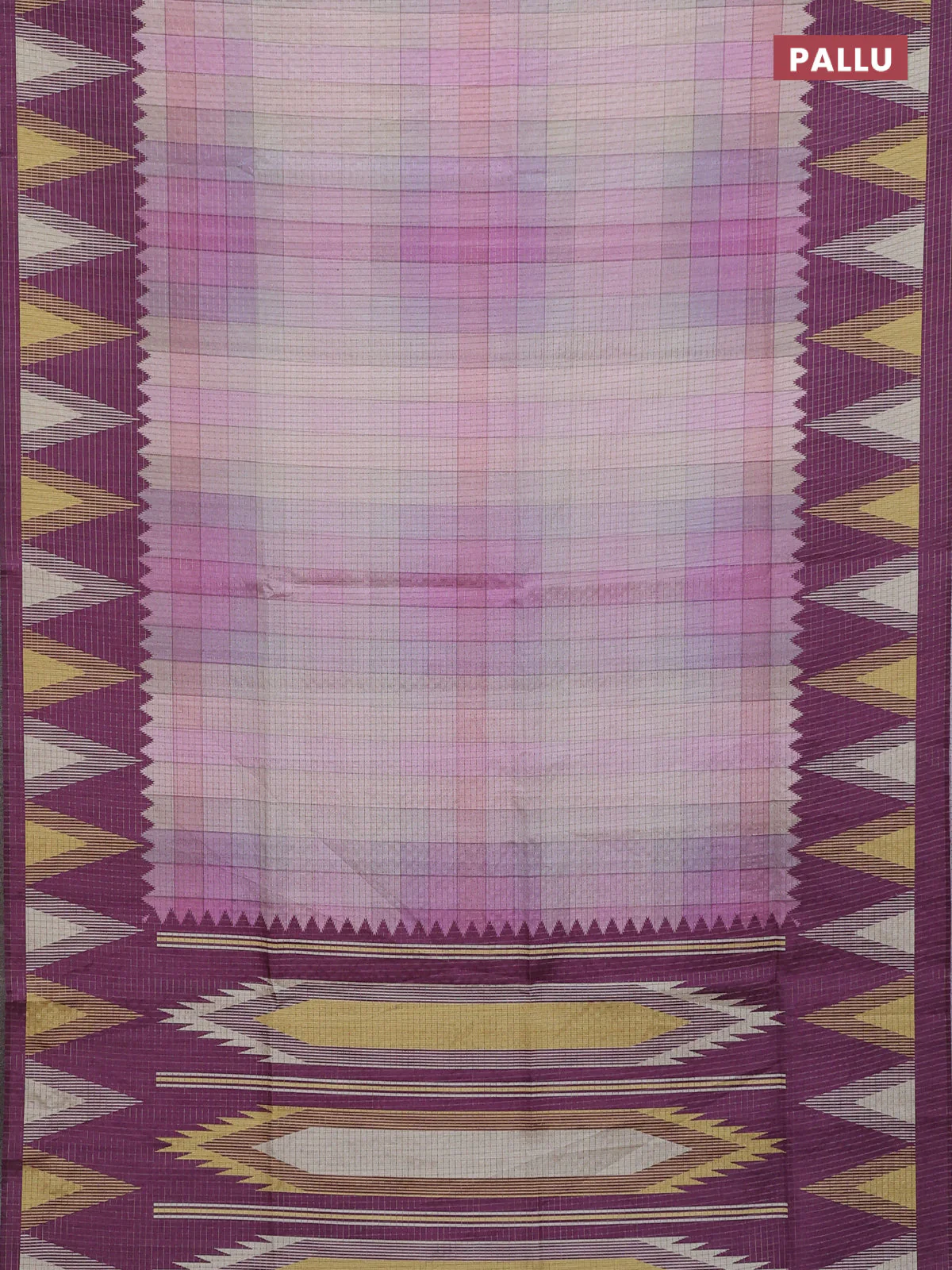Chappa saree multi colour and wine shade with allover zari checked pattern and temple design border - Image 3