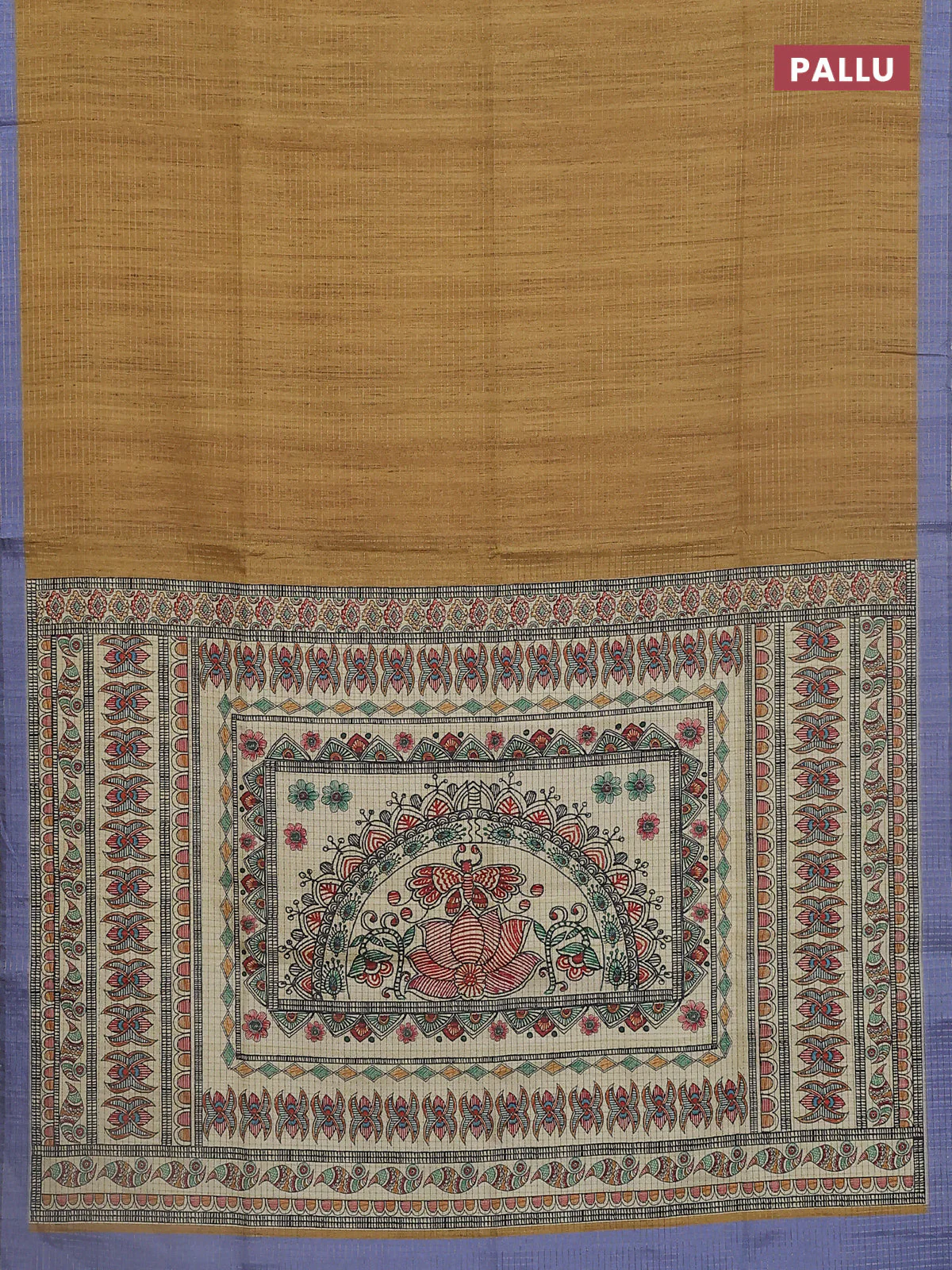 Chappa saree mustard yellow and blue with allover zari checked pattern and madhubani printed pallu - Image 3