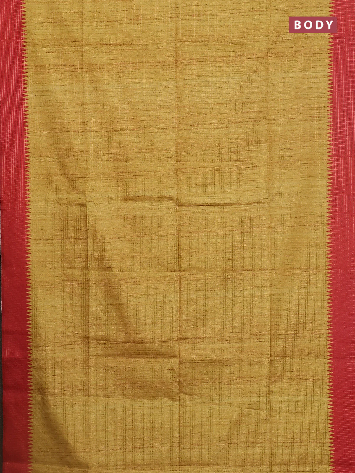 Chappa saree mustard yellow and red with allover zari checked pattern and printed pallu - Image 2