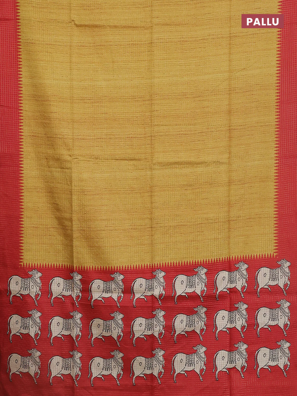 Chappa saree mustard yellow and red with allover zari checked pattern and printed pallu - Image 3