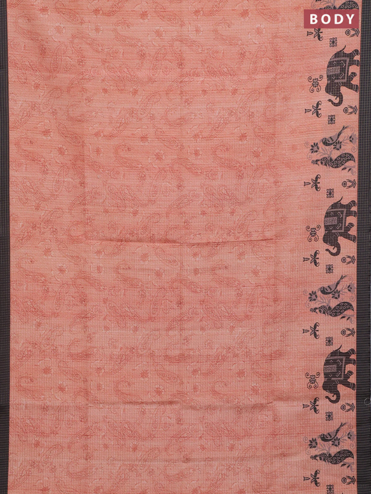 Chappa saree pale orange and black with allover zari checked pattern and printed pallu - Image 2