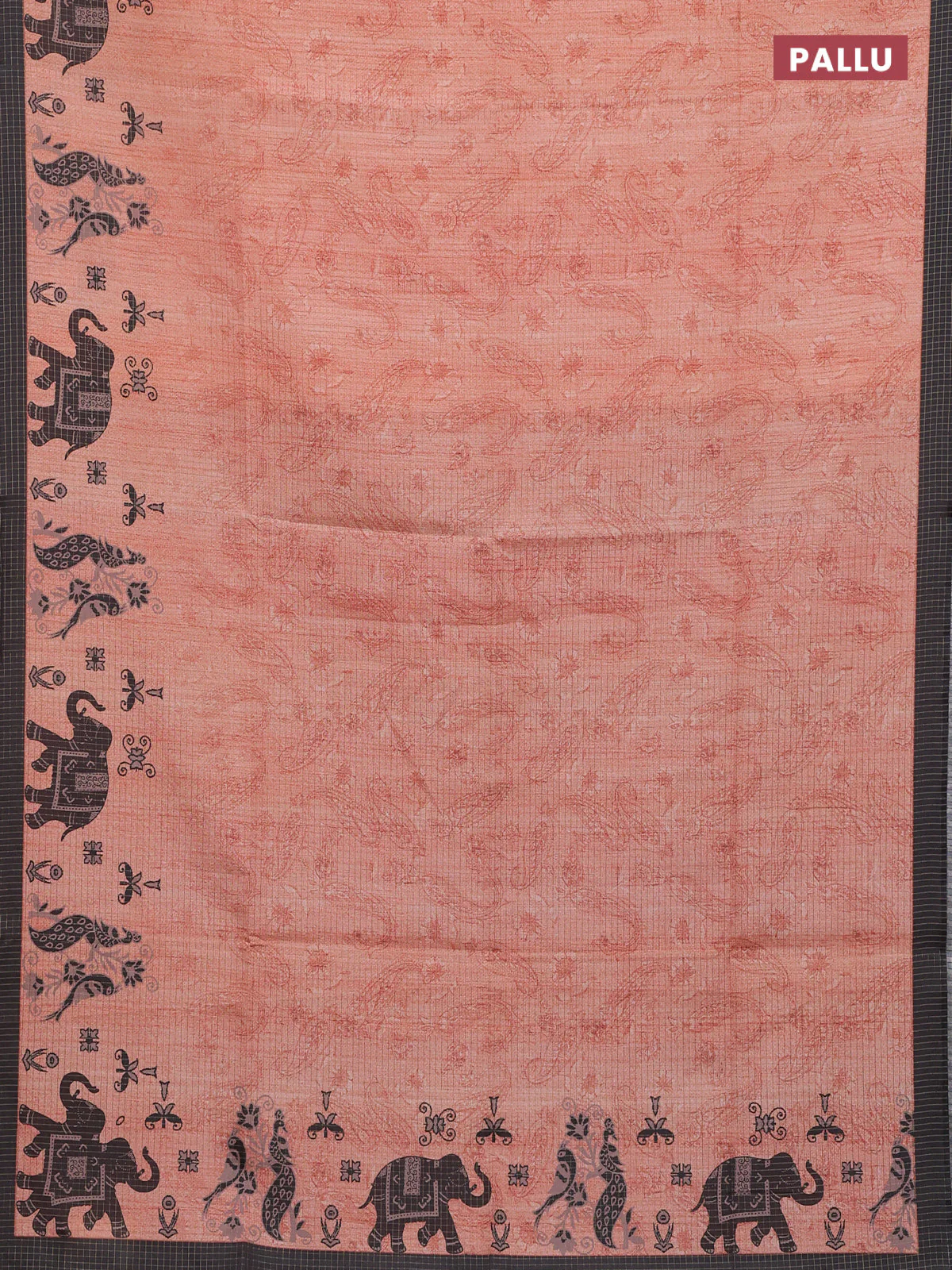 Chappa saree pale orange and black with allover zari checked pattern and printed pallu - Image 3