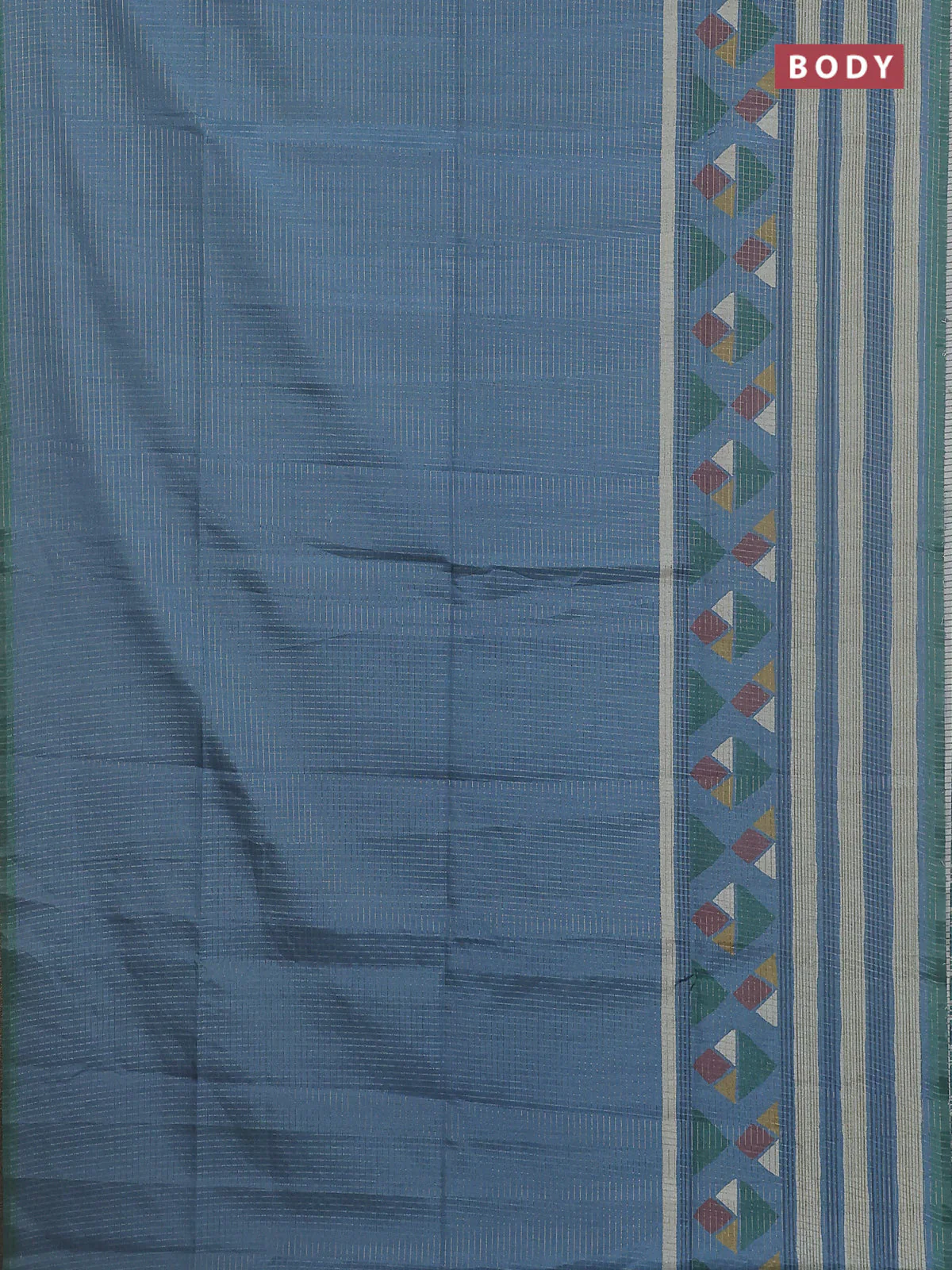 Chappa saree pastel blue and green with allover zari checked pattern and long geometric printed border - Image 2