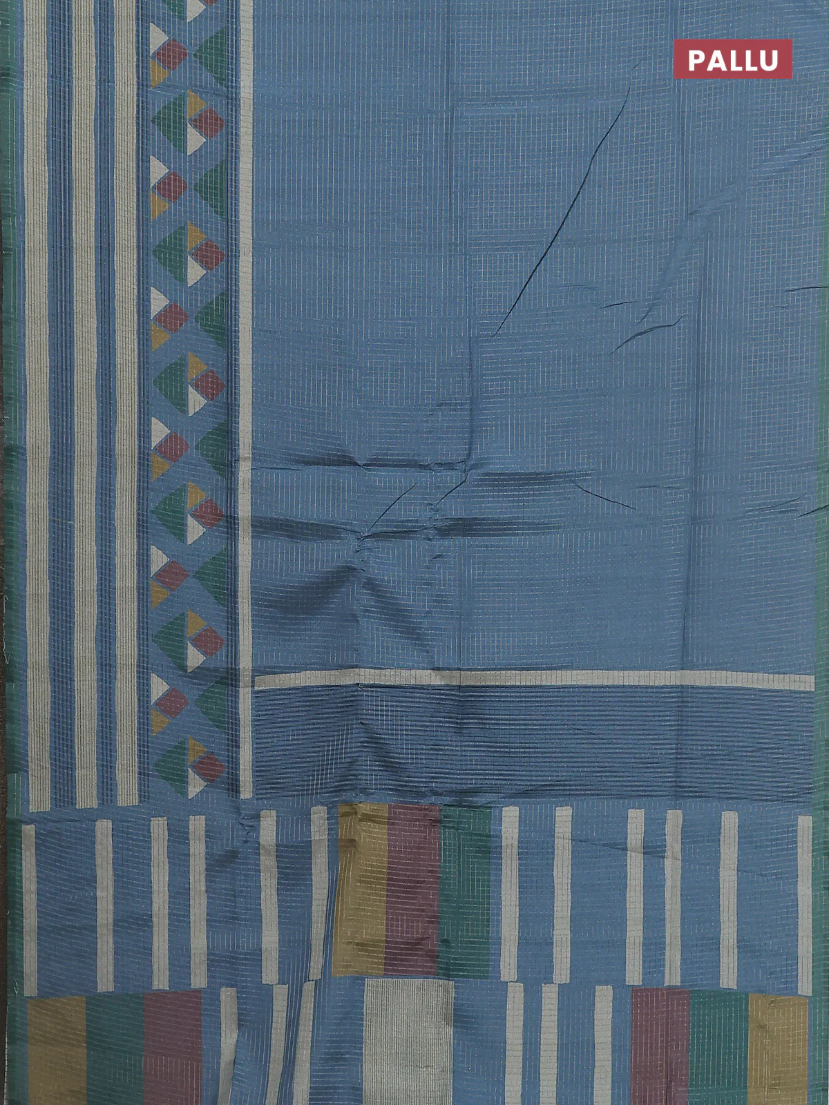 Chappa saree pastel blue and green with allover zari checked pattern and long geometric printed border - Image 3