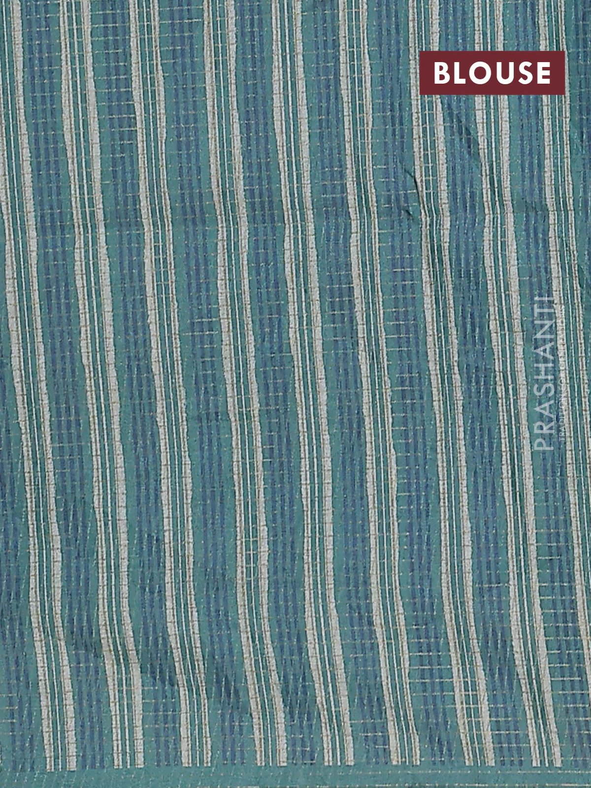 Chappa saree pastel blue and green with allover zari checked pattern and long geometric printed border - Image 4