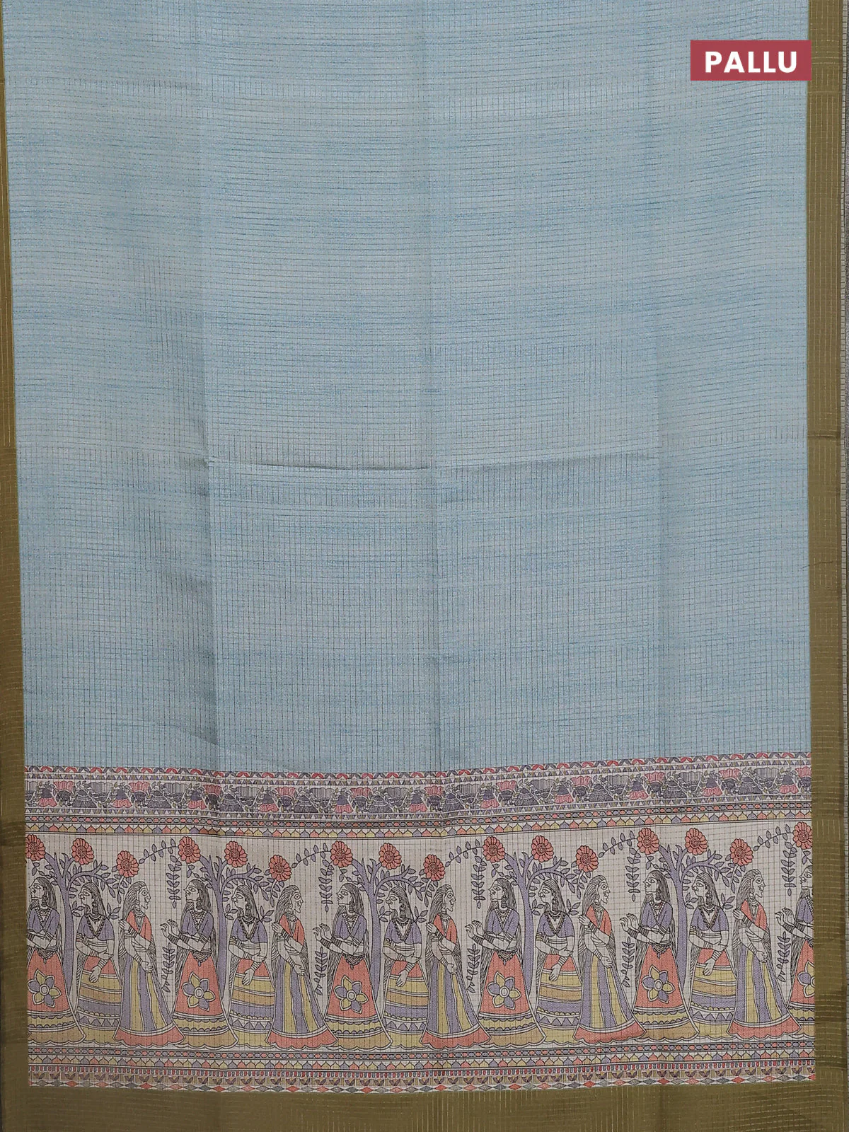 Chappa saree pastel blue and mehendi green with allover zari checked pattern and madhubani printed pallu - Image 3