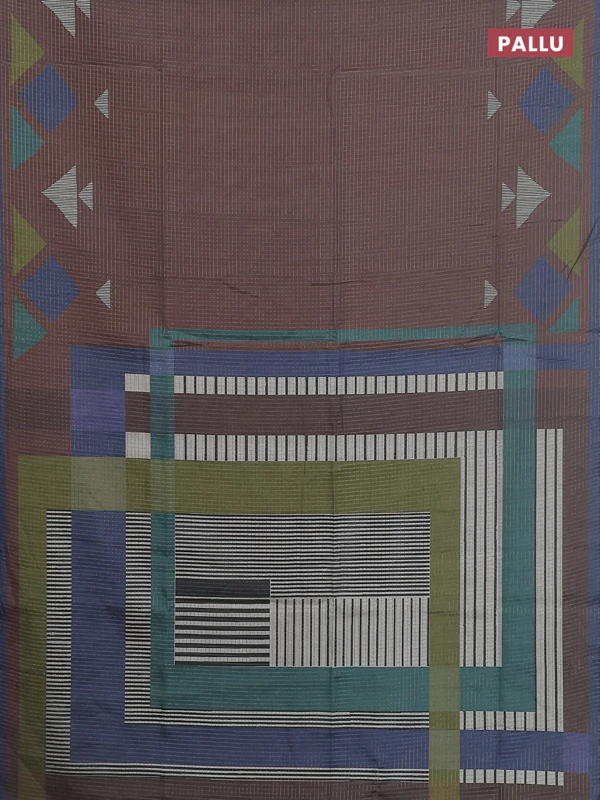 Chappa saree pastel brown and grey with allover zari checked pattern and long geometric printed border - Image 3