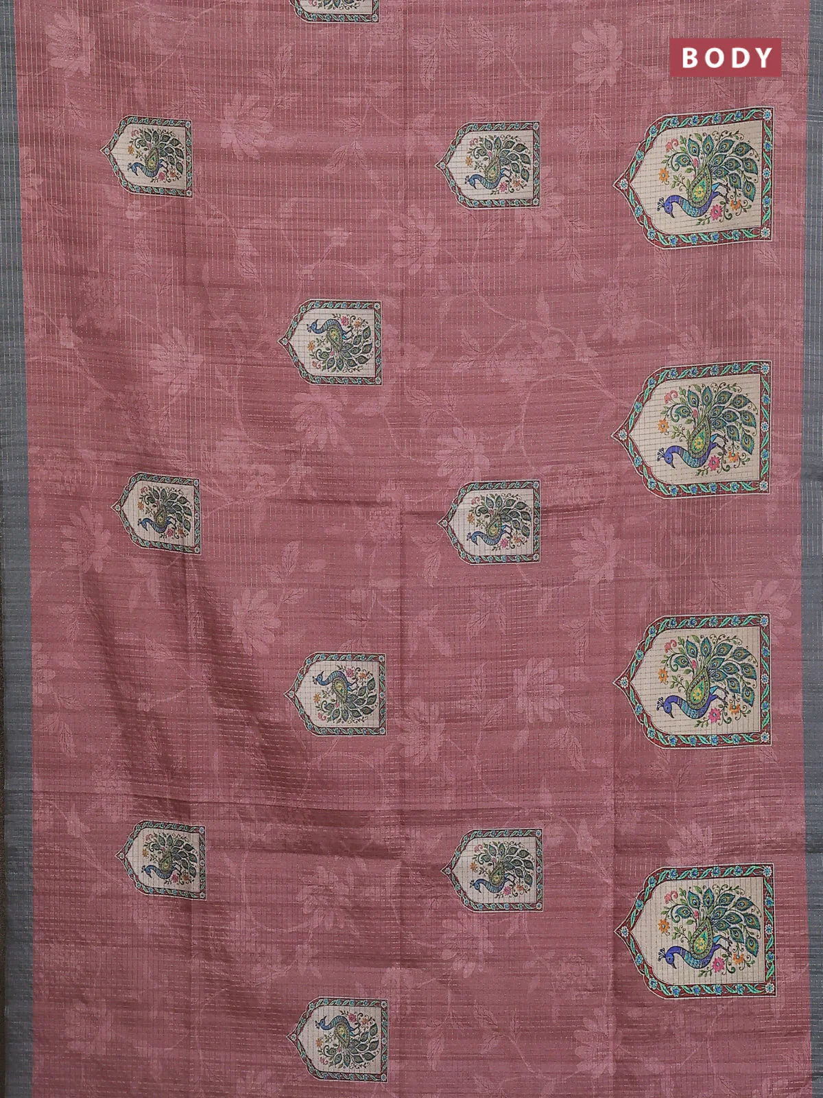 Chappa saree pastel brown and grey with allover zari checked pattern & digital prints and printed pallu - Image 2