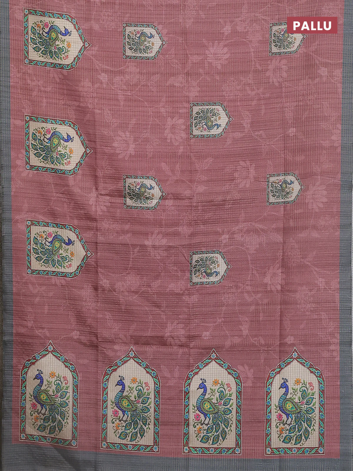 Chappa saree pastel brown and grey with allover zari checked pattern & digital prints and printed pallu - Image 3