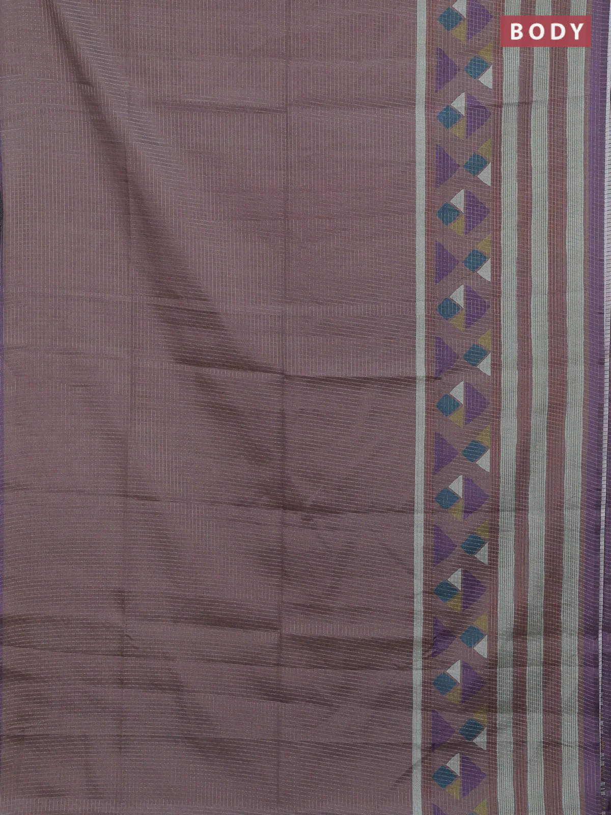 Chappa saree pastel brown and lavender with allover zari checked pattern and long geometric printed border - Image 2
