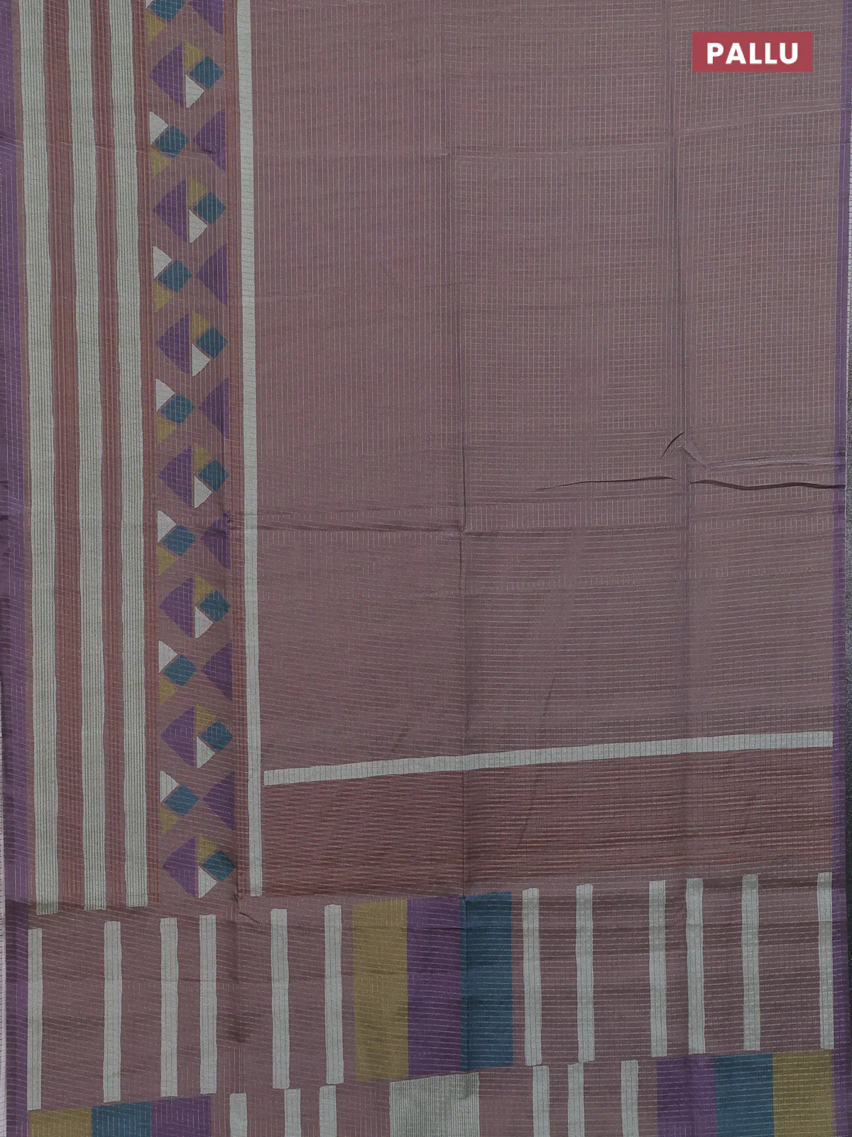 Chappa saree pastel brown and lavender with allover zari checked pattern and long geometric printed border - Image 3
