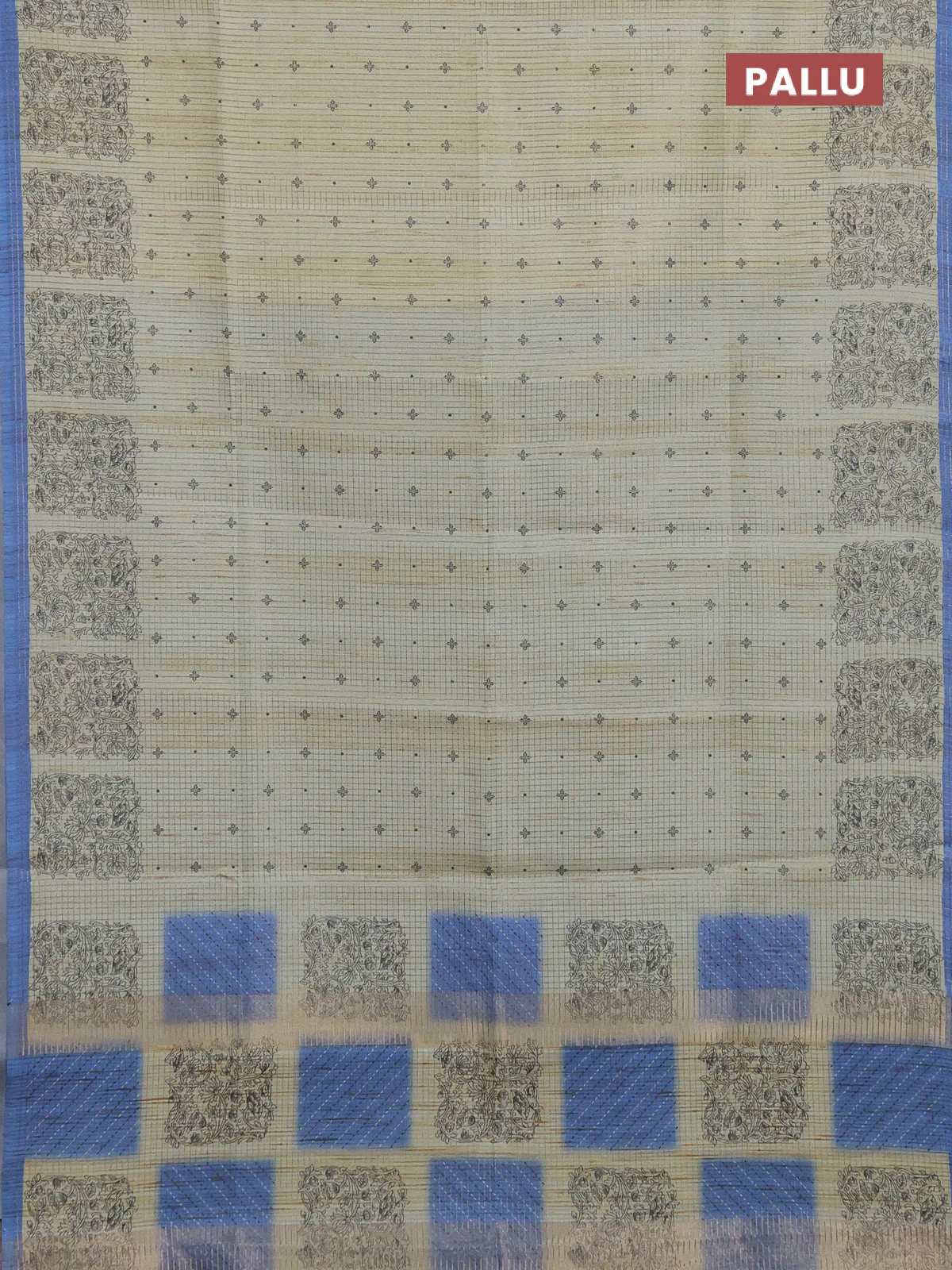 Chappa saree pastel green and blue with allover small zari checked pattern & butta prints and printed border - Image 3