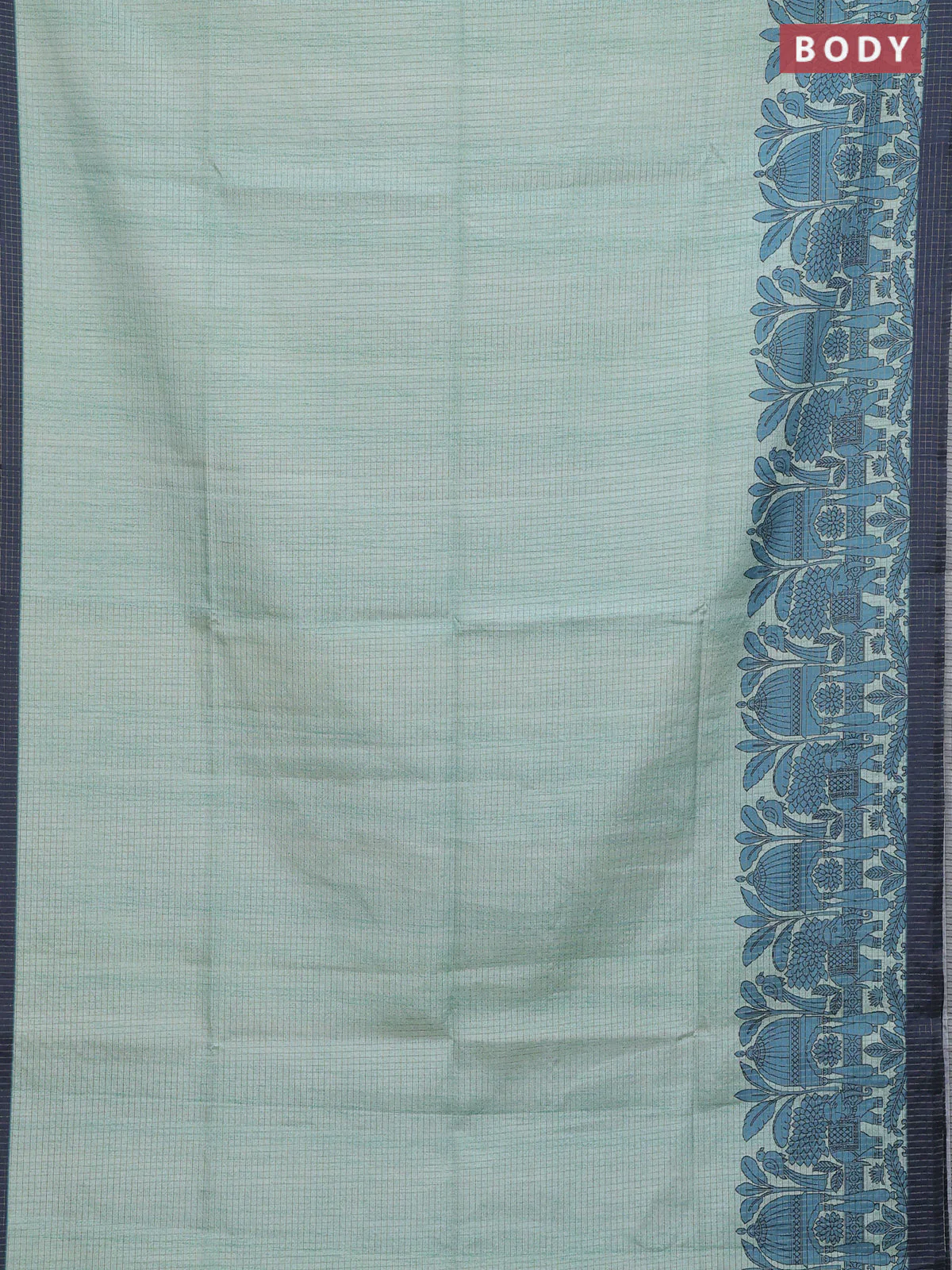 Chappa saree pastel green and dark grey with allover zari checked pattern and printed pallu - Image 2