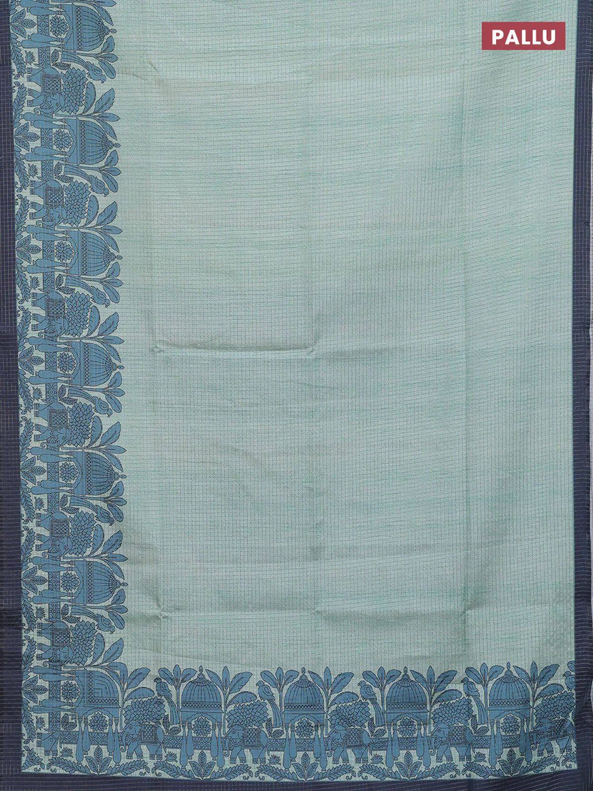 Chappa saree pastel green and dark grey with allover zari checked pattern and printed pallu - Image 3