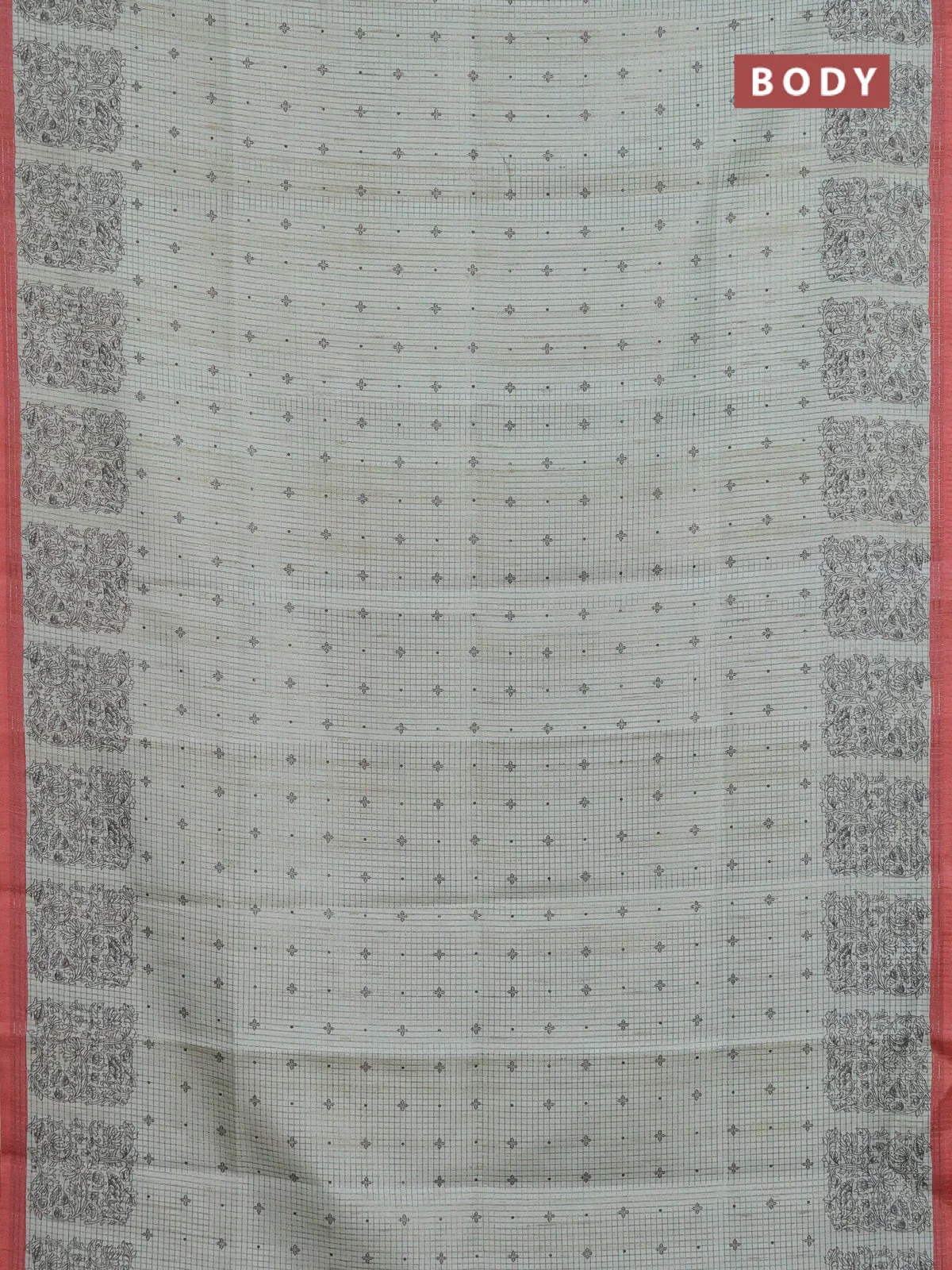 Chappa saree pastel green and red shade with allover small zari checked pattern & butta prints and printed border - Image 2