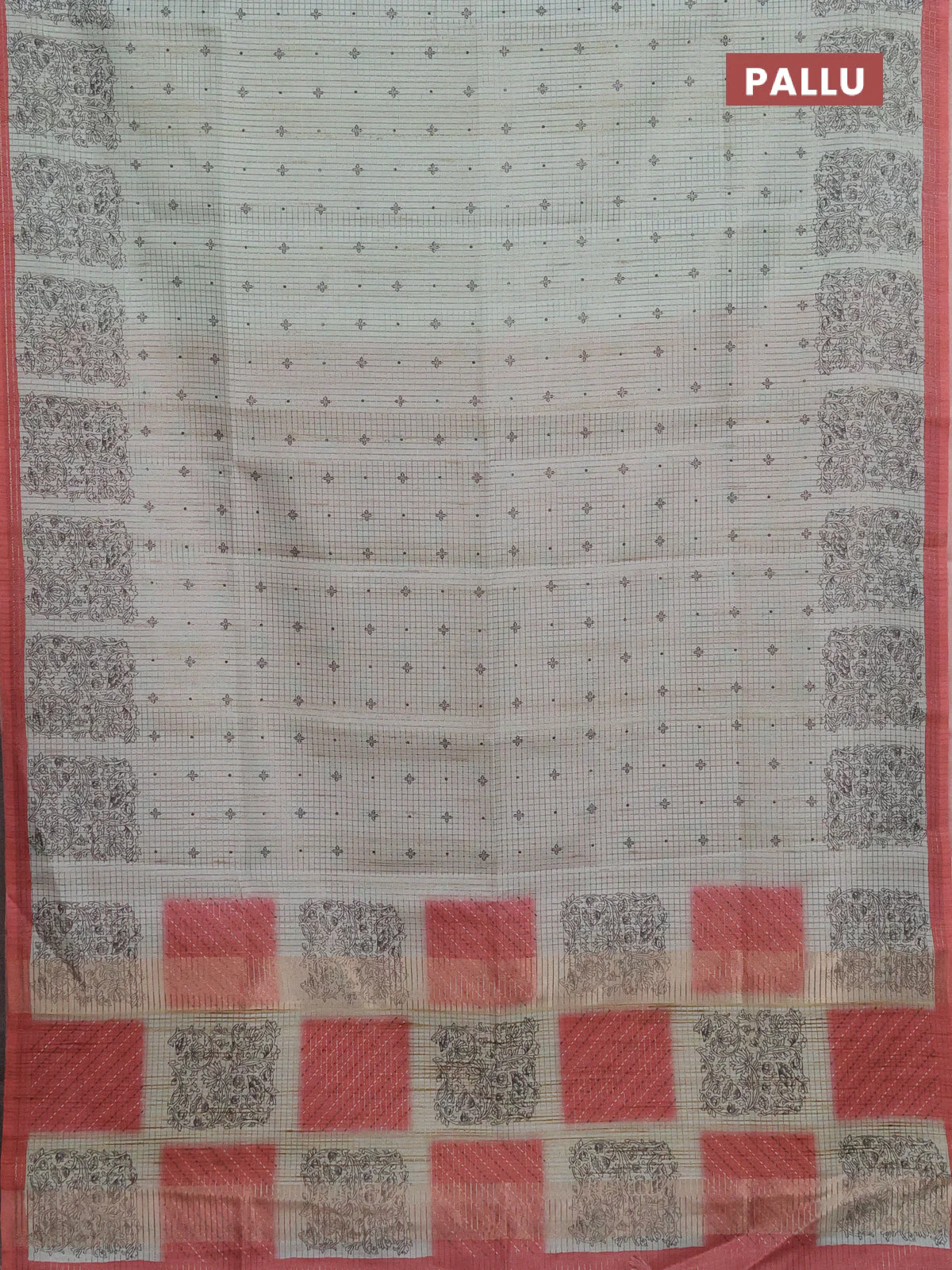 Chappa saree pastel green and red shade with allover small zari checked pattern & butta prints and printed border - Image 3