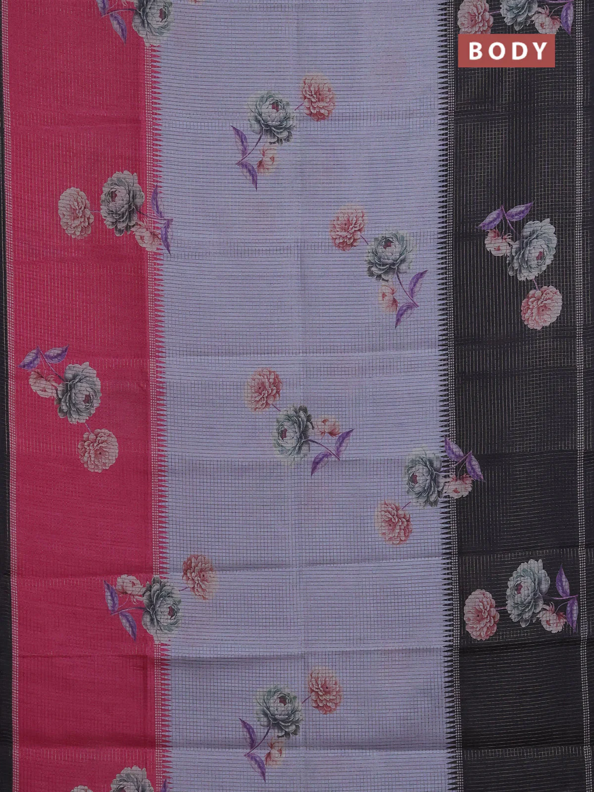 Chappa saree pastel grey and black with allover small zari checked pattern & floral digital prints and ganga jamuna border - Image 2
