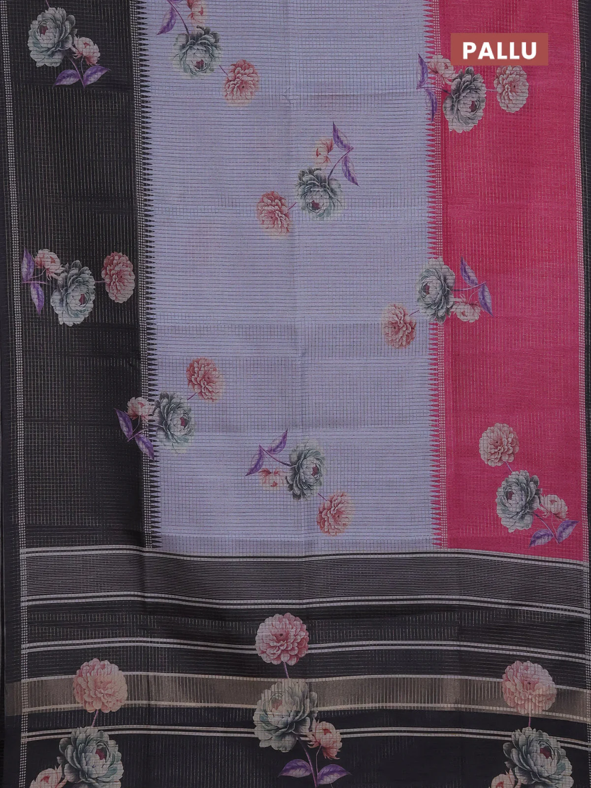 Chappa saree pastel grey and black with allover small zari checked pattern & floral digital prints and ganga jamuna border - Image 3