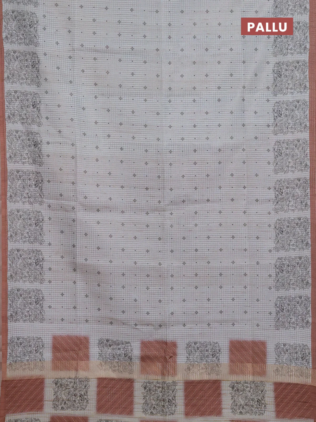 Chappa saree pastel grey and brown with allover small zari checked pattern & butta prints and printed border - Image 3