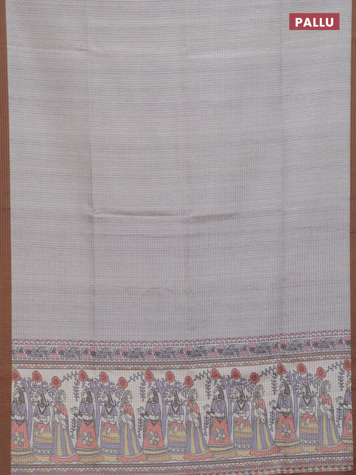 Chappa saree pastel grey and dark mustard with allover zari checked pattern and madhubani printed pallu - Image 3
