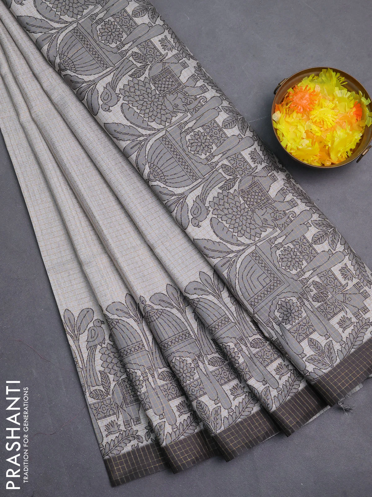 Chappa saree pastel grey and elephant grey with allover zari checked pattern and printed pallu