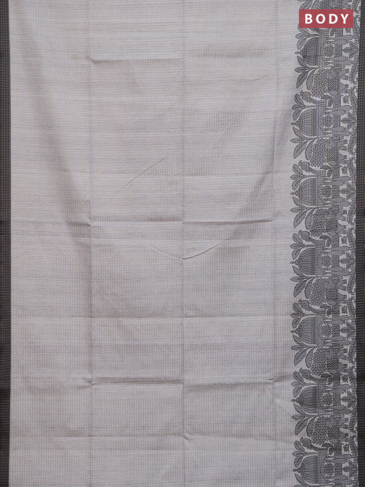 Chappa saree pastel grey and elephant grey with allover zari checked pattern and printed pallu - Image 2