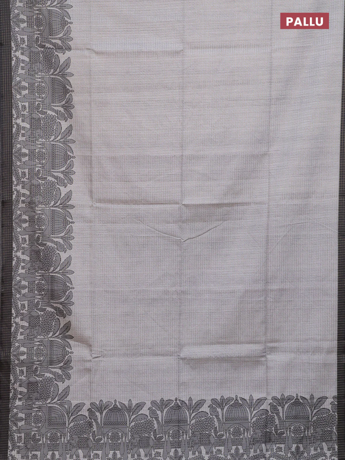 Chappa saree pastel grey and elephant grey with allover zari checked pattern and printed pallu - Image 3