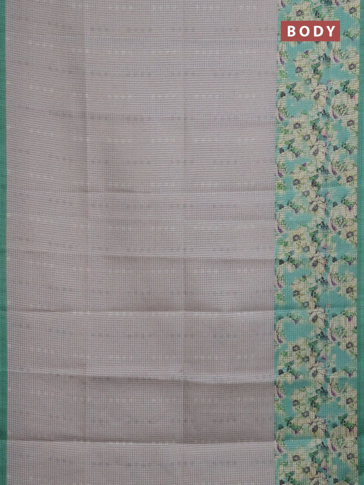 Chappa saree pastel grey and teal green with allover small zari checked pattern and floral digital printed pallu - Image 2
