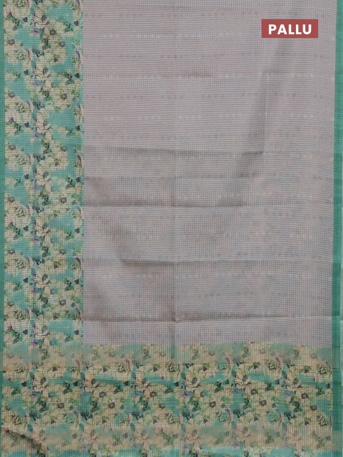 Chappa saree pastel grey and teal green with allover small zari checked pattern and floral digital printed pallu - Image 3