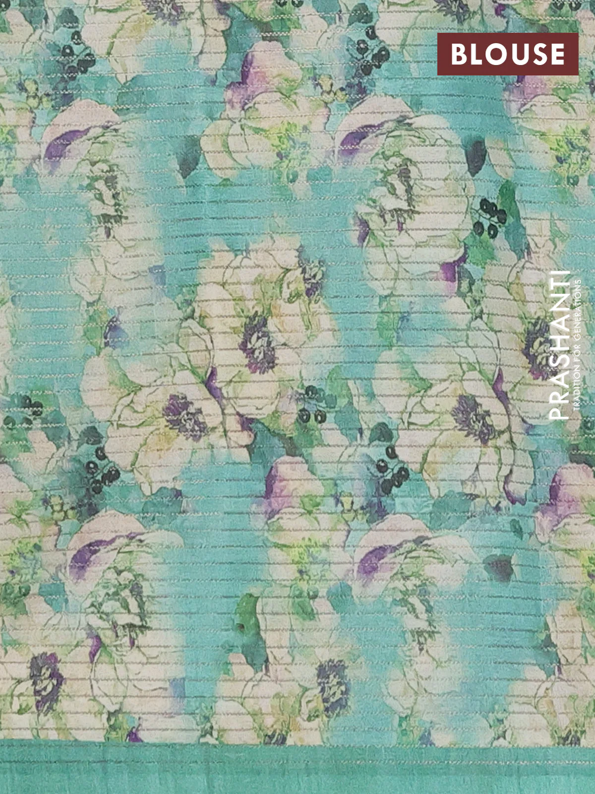 Chappa saree pastel grey and teal green with allover small zari checked pattern and floral digital printed pallu - Image 4