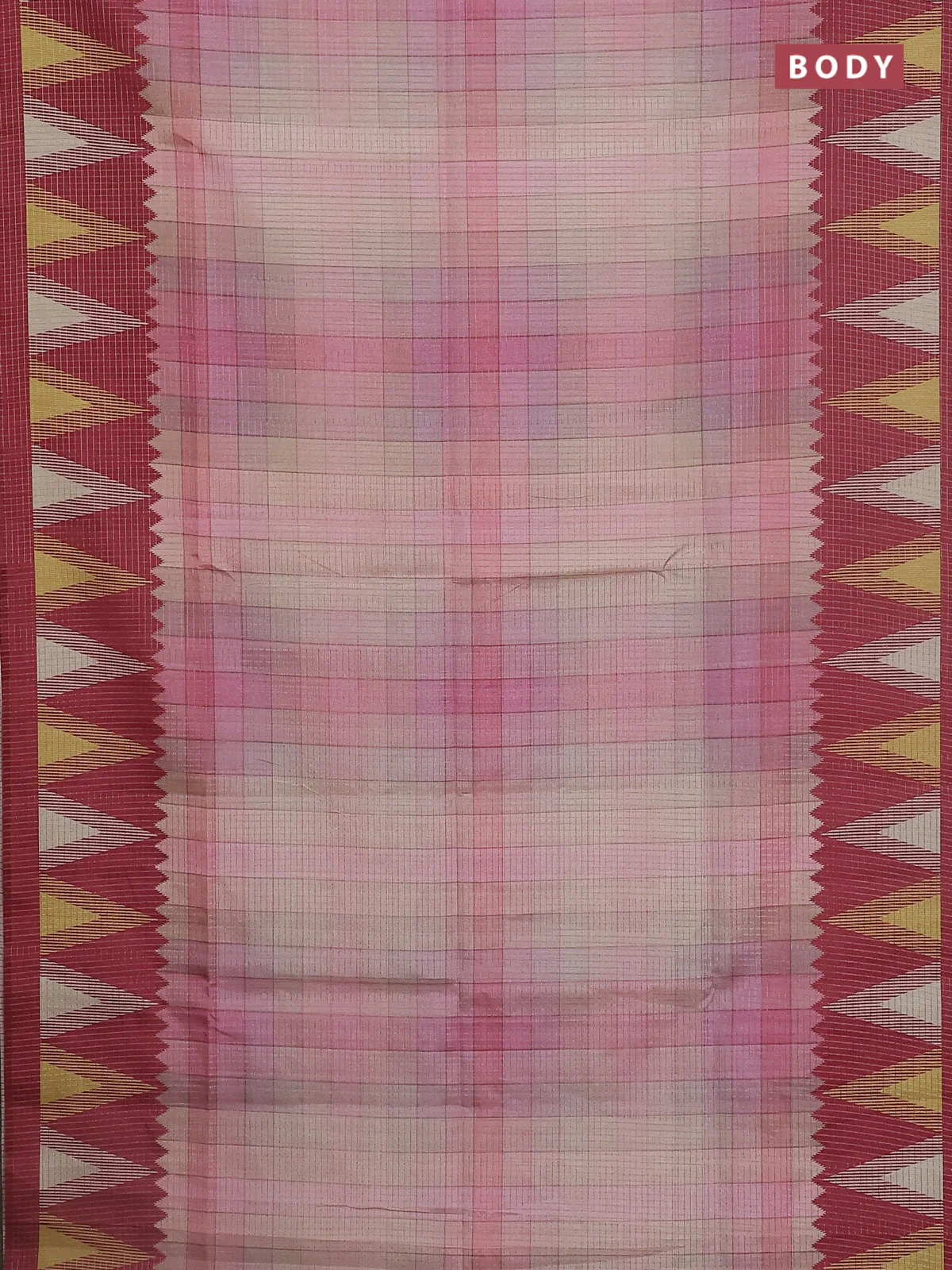 Chappa saree pastel peach and maroon with allover zari checked pattern and temple design border - Image 2
