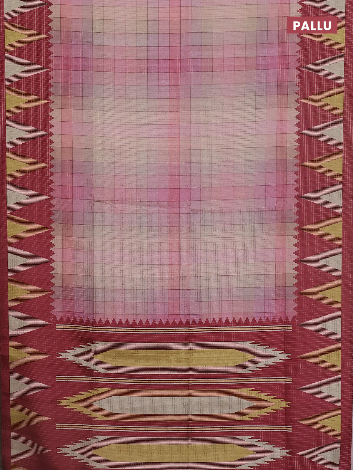 Chappa saree pastel peach and maroon with allover zari checked pattern and temple design border - Image 3
