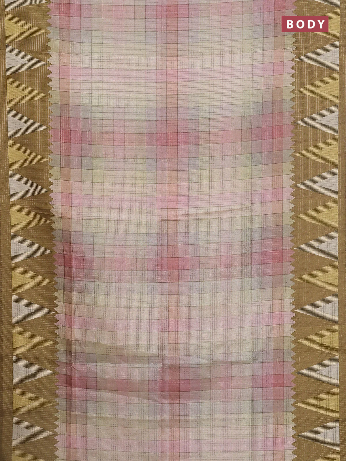 Chappa saree pastel peach and mehendi green with allover zari checked pattern and temple design border - Image 2