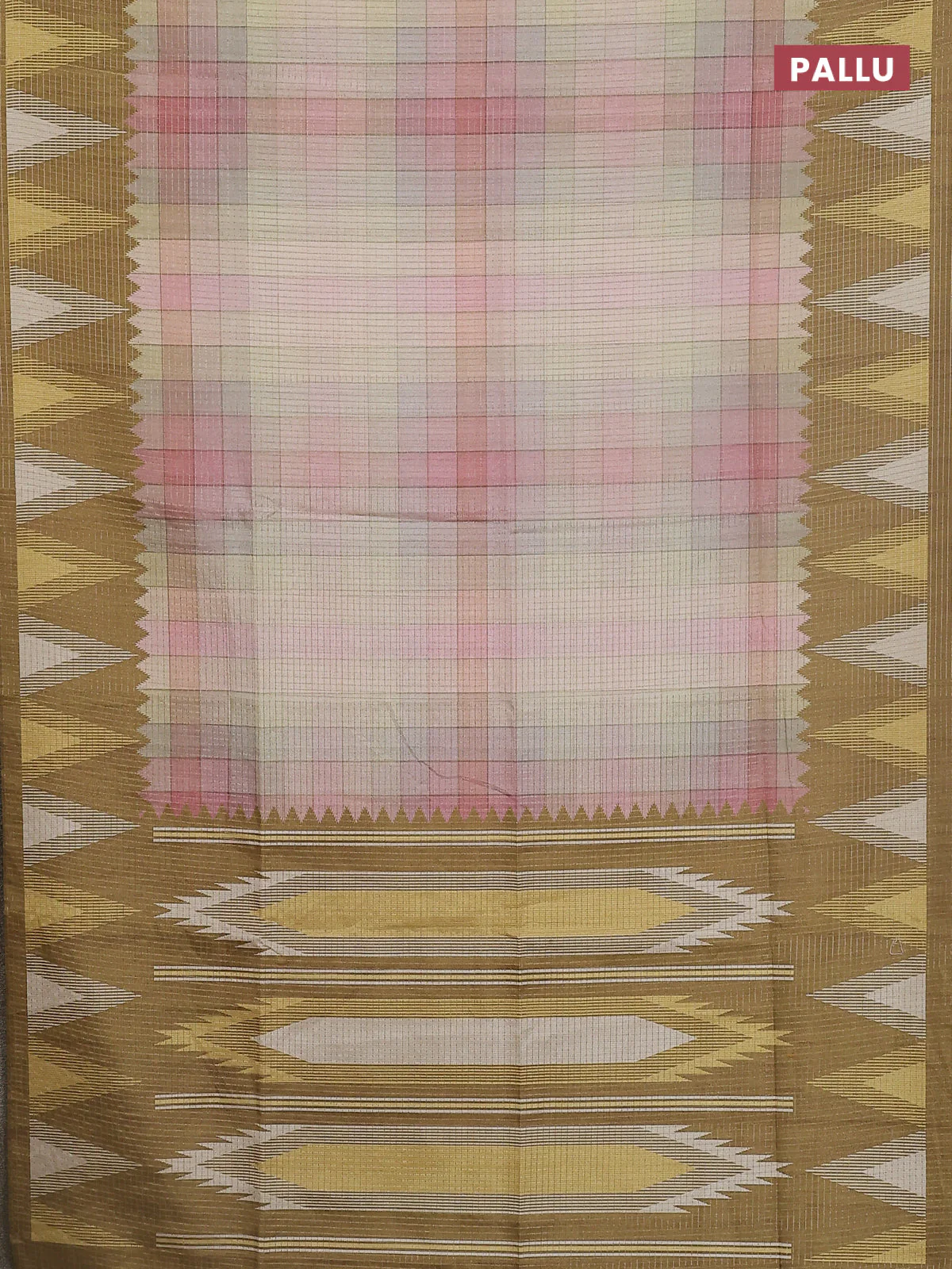 Chappa saree pastel peach and mehendi green with allover zari checked pattern and temple design border - Image 3