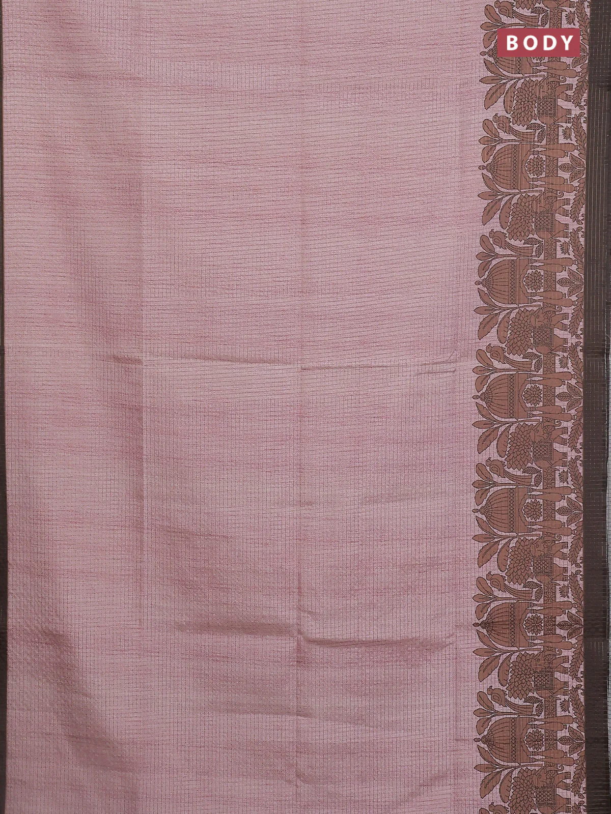 Chappa saree pastel peach pink and coffee brown with allover zari checked pattern and printed pallu - Image 2