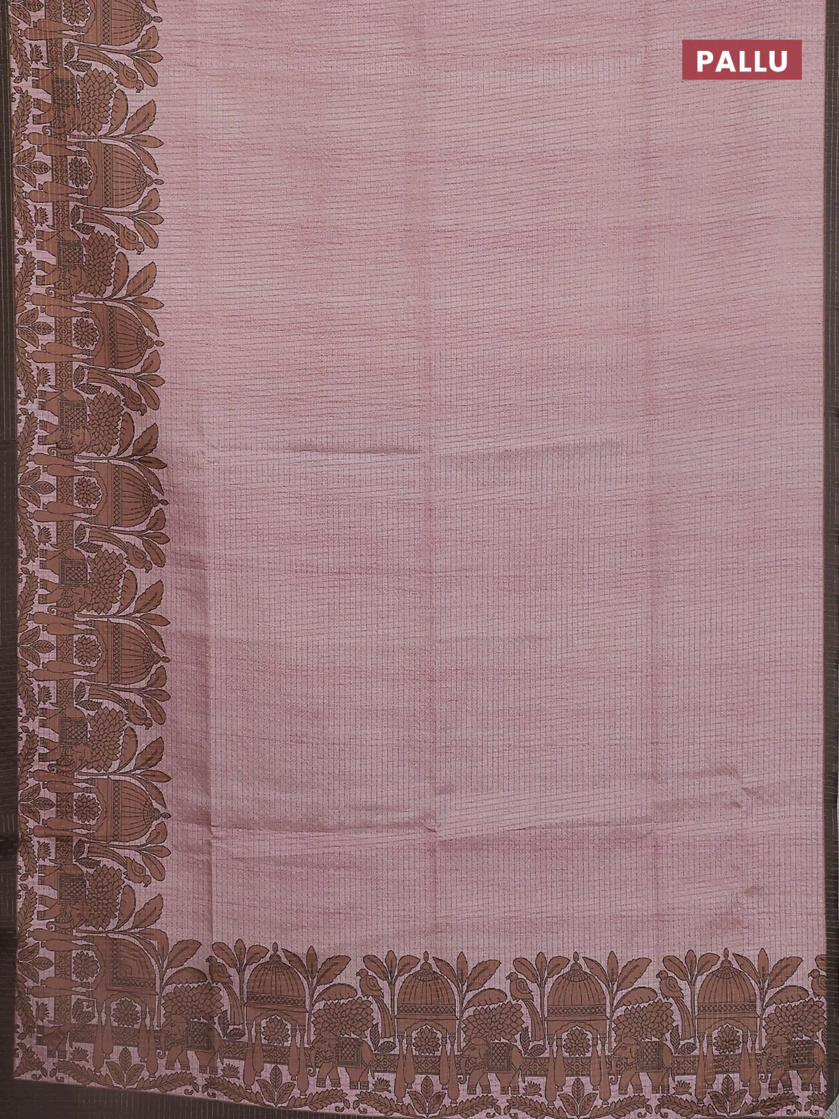 Chappa saree pastel peach pink and coffee brown with allover zari checked pattern and printed pallu - Image 3